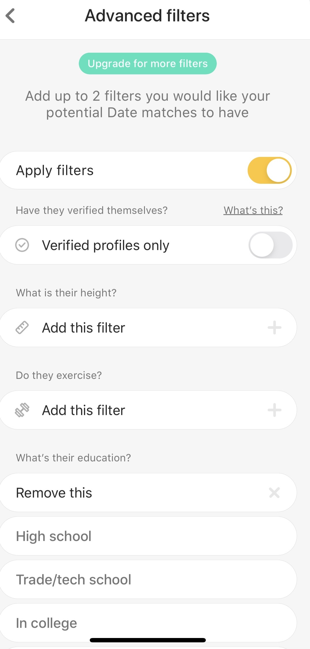 Bumble shows filters like height, exercise activity, education, drinking, smoking, pets, and relationship versus hook up, children plans, politics, and religion versus Hinge.