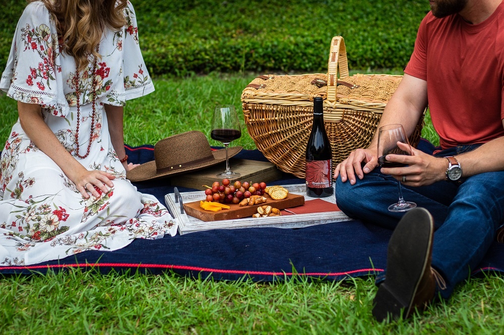 girl and guy on a covid outside picnic date with picnic food and picnic essentials in new york city or los angeles in the park for a cheap date