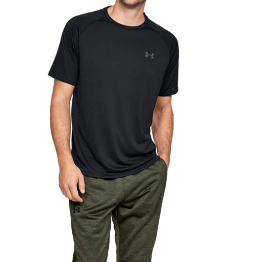 Under Armour workout shirt as the recommendation for what clothes guys should wear on a hiking date in the summer with a girl as recommended by Dating Snippets on what clothes to wear on a hiking date for guys 